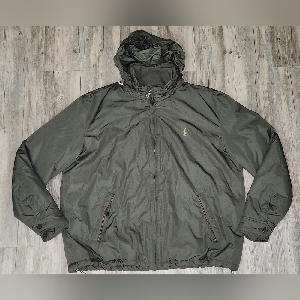 Polo Ralph Lauren Jacket Men's Leather‎ Trim Hood Vintage Windbreaker Coat 2XL